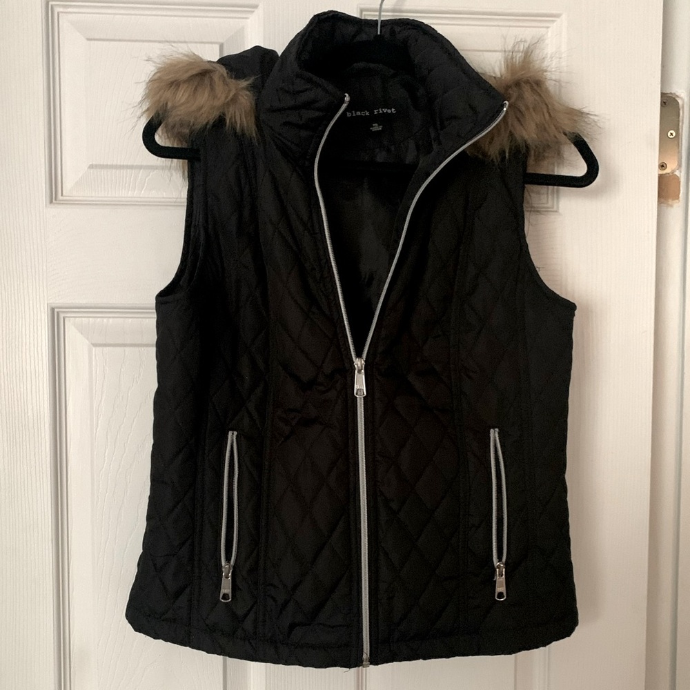 Black vest with faux fur hood